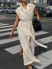 Cotton-Linen Blend Tie Waist Cap Sleeve Maxi Dress