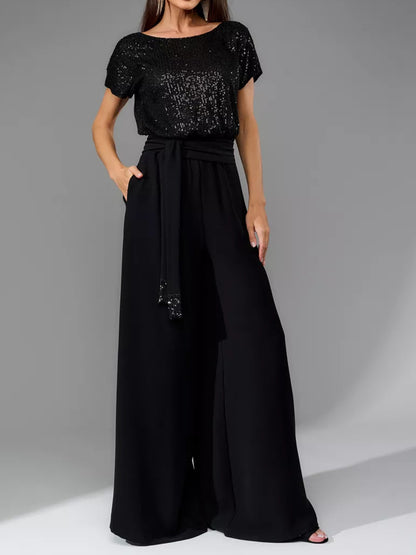 Sequin Round Neck Short Sleeve Wide Leg Jumpsuit